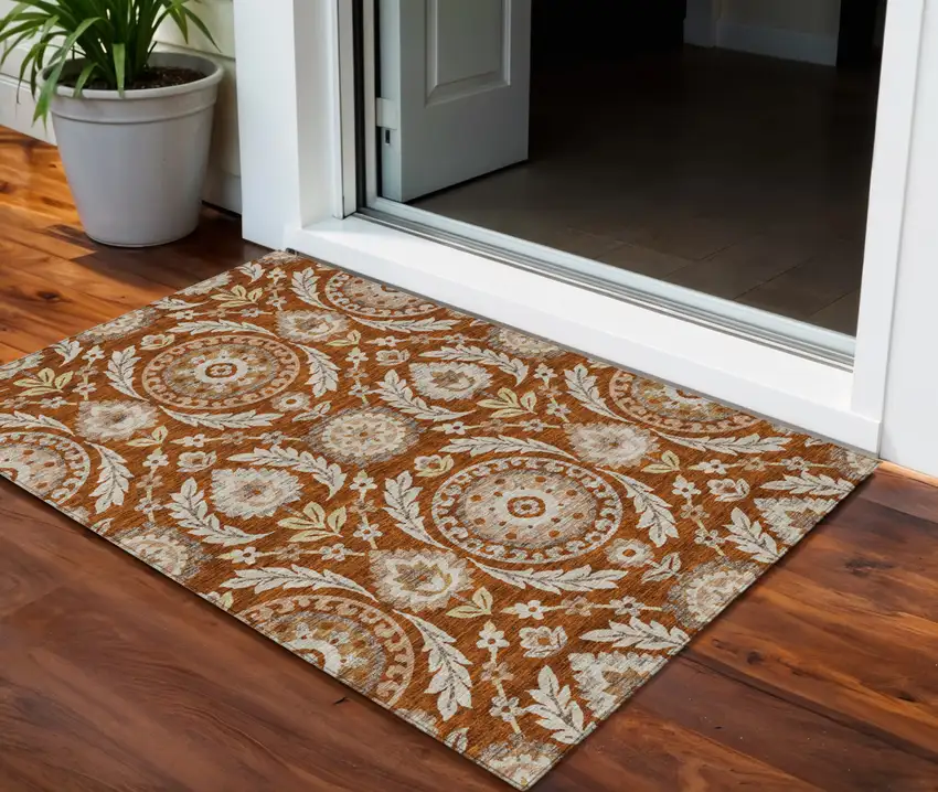 Orange Taupe And Gold Floral Washable Indoor Outdoor Area Rug Photo 1