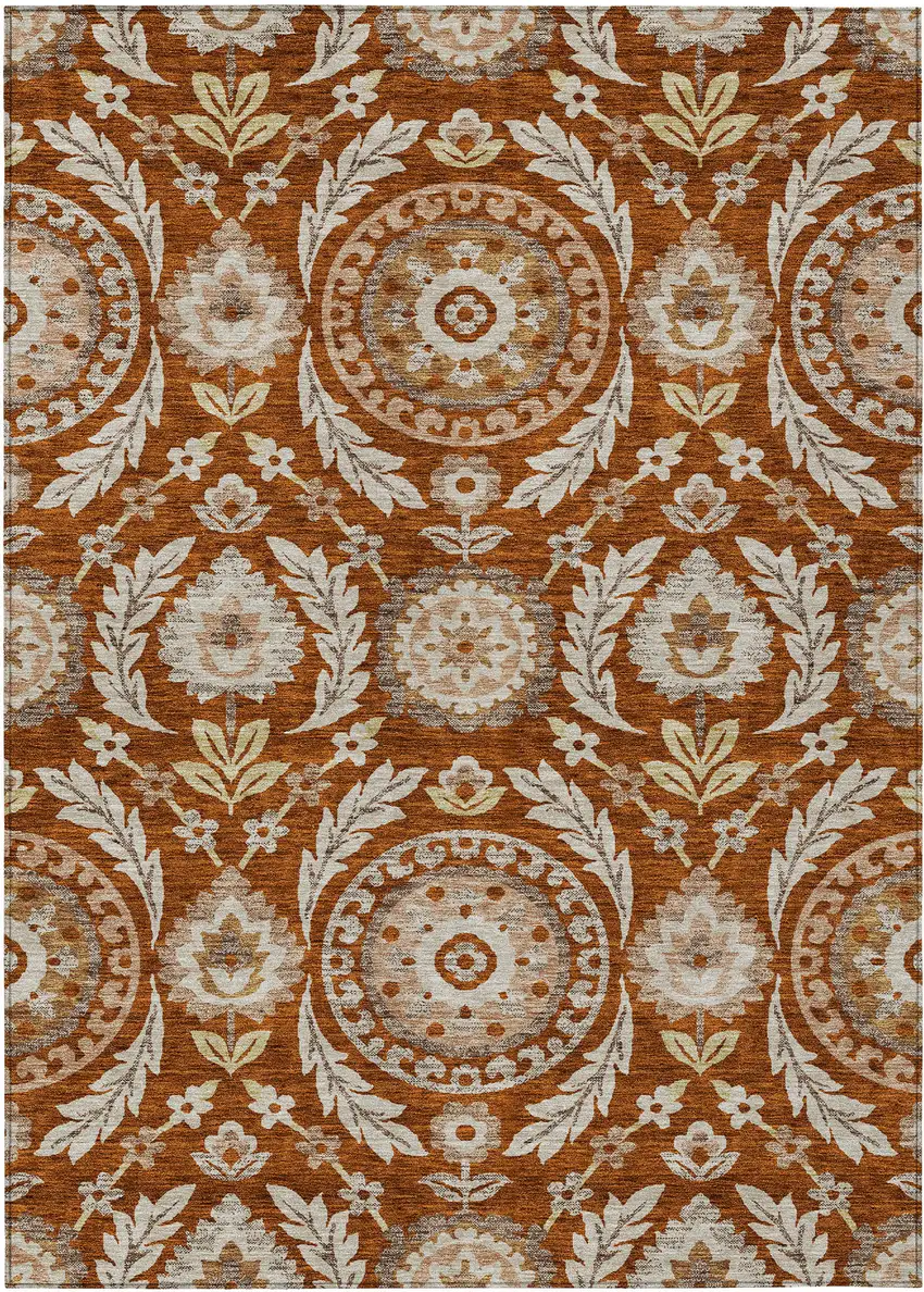 Orange Taupe And Gold Floral Washable Indoor Outdoor Area Rug Photo 1