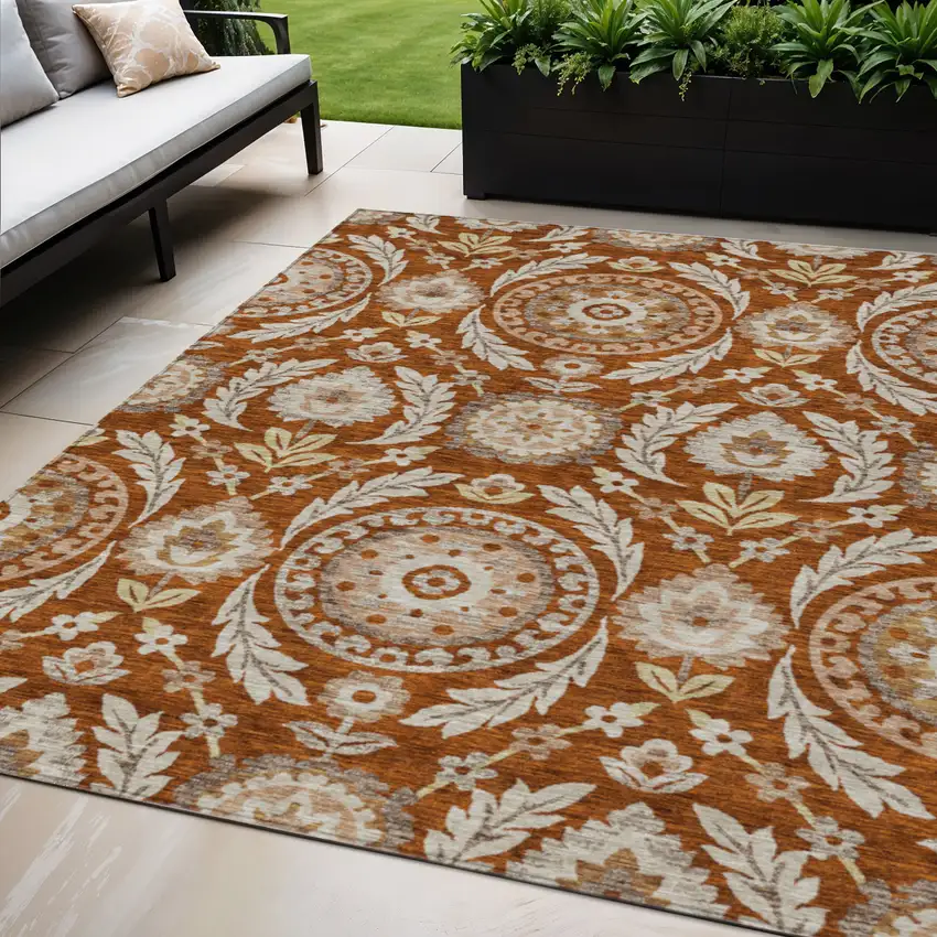 Orange Taupe And Gold Floral Washable Indoor Outdoor Area Rug Photo 1