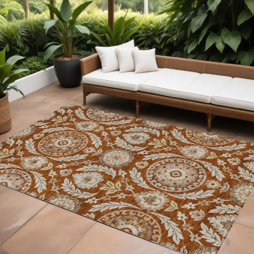 Orange Taupe And Gold Floral Washable Indoor Outdoor Area Rug Photo 1