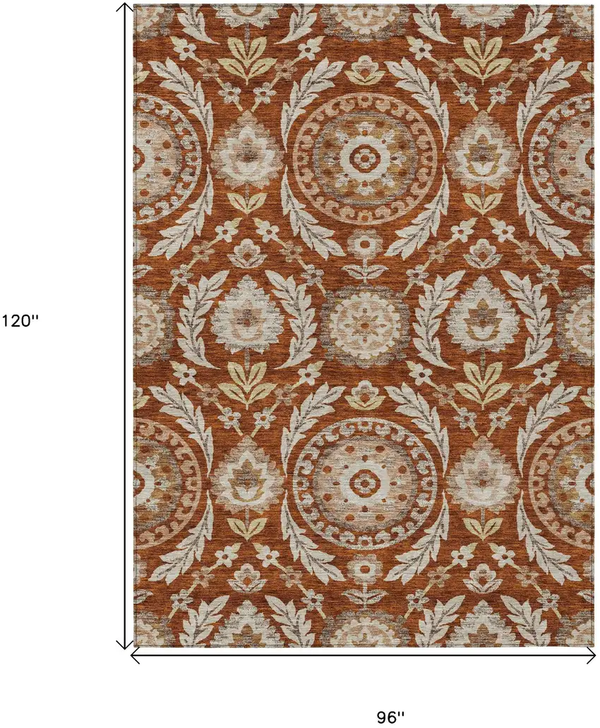 Orange Taupe And Gold Floral Washable Indoor Outdoor Area Rug Photo 7