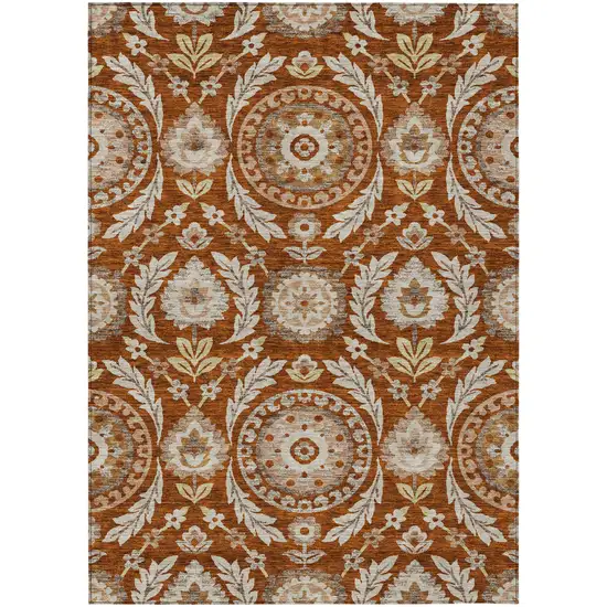 Orange Taupe And Gold Floral Washable Indoor Outdoor Area Rug Photo 1