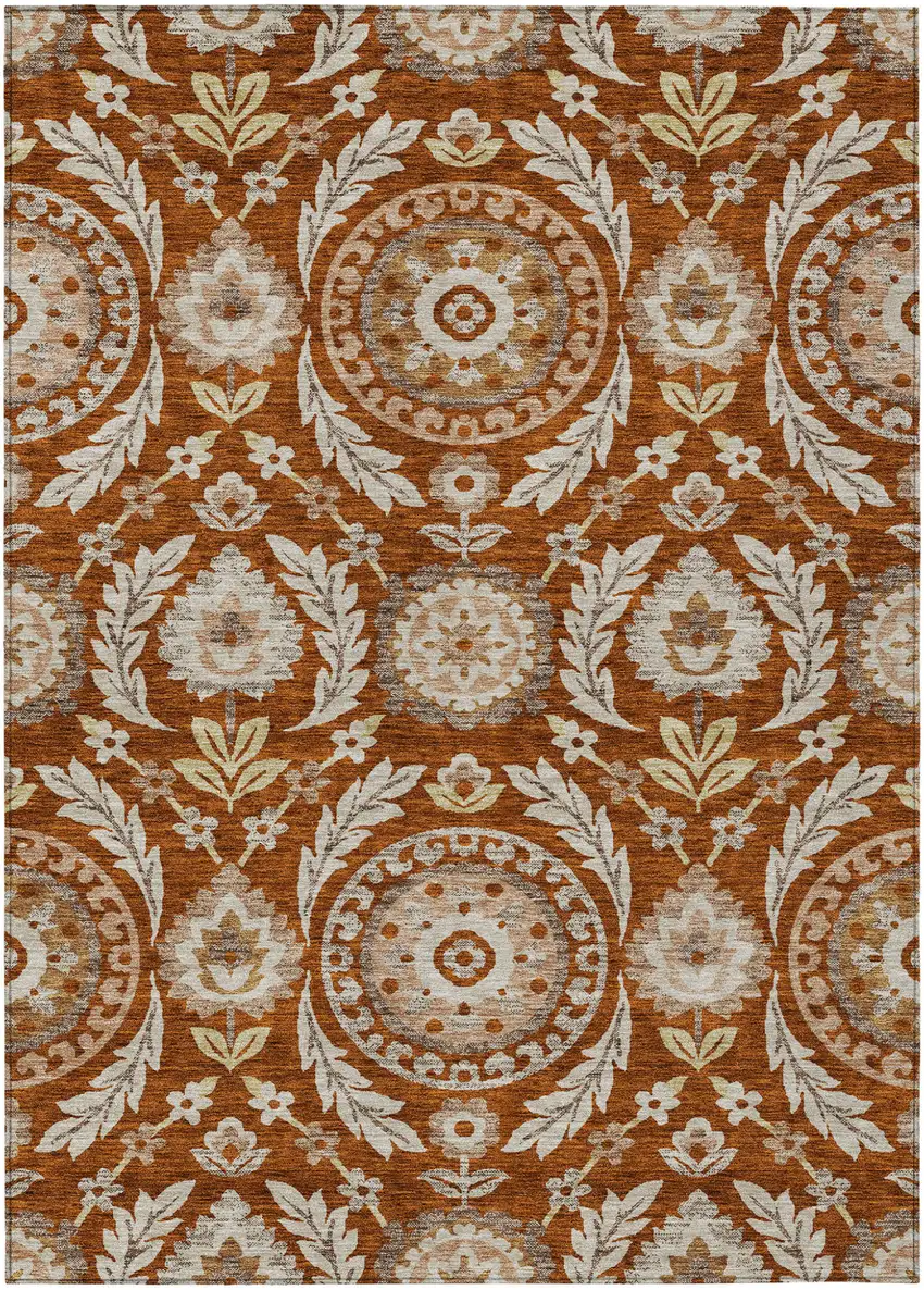 Orange Taupe And Gold Floral Washable Indoor Outdoor Area Rug Photo 1