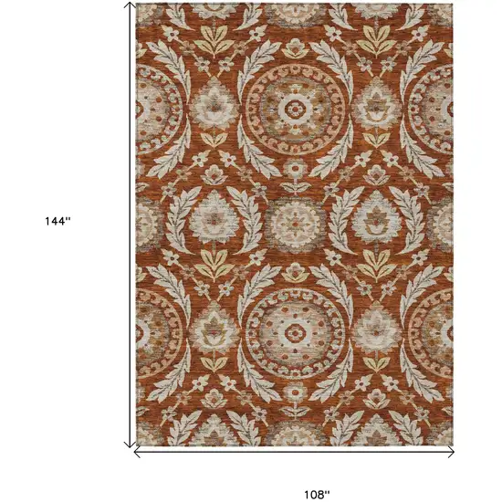 Orange Taupe And Gold Floral Washable Indoor Outdoor Area Rug Photo 7