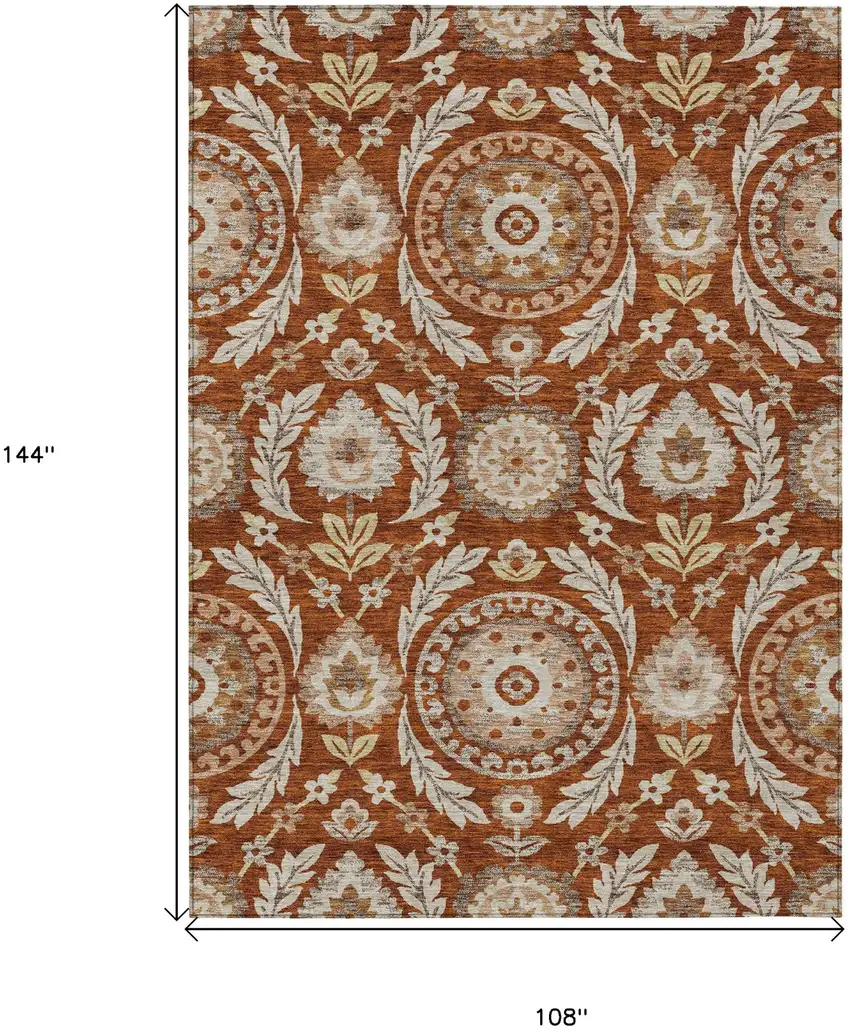 Orange Taupe And Gold Floral Washable Indoor Outdoor Area Rug Photo 7