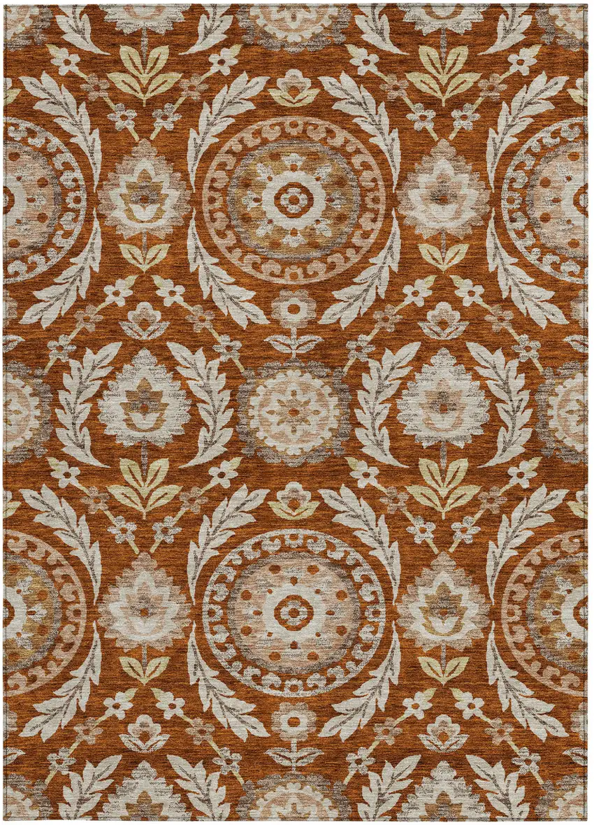 Orange Taupe And Gold Floral Washable Indoor Outdoor Area Rug Photo 5