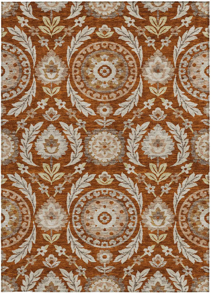 Orange Taupe And Gold Floral Washable Indoor Outdoor Area Rug Photo 5