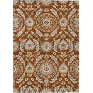 Photo of Orange Taupe And Gold Floral Washable Indoor Outdoor Area Rug