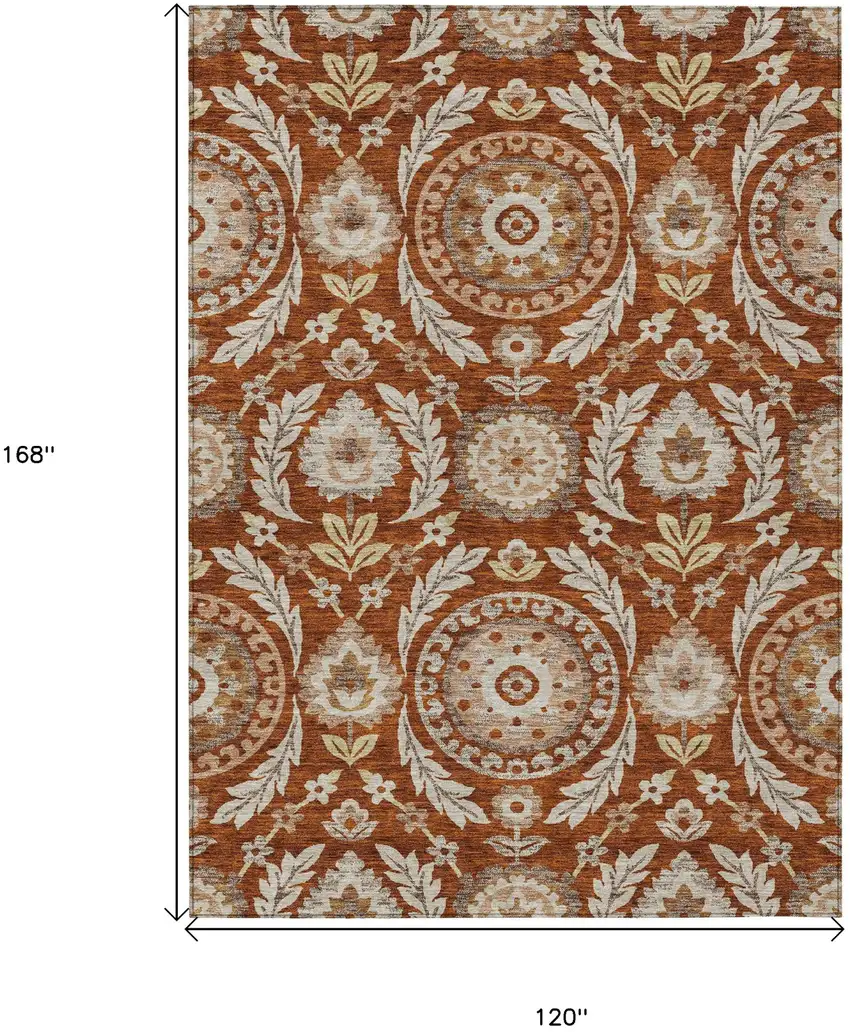 Orange Taupe And Gold Floral Washable Indoor Outdoor Area Rug Photo 7