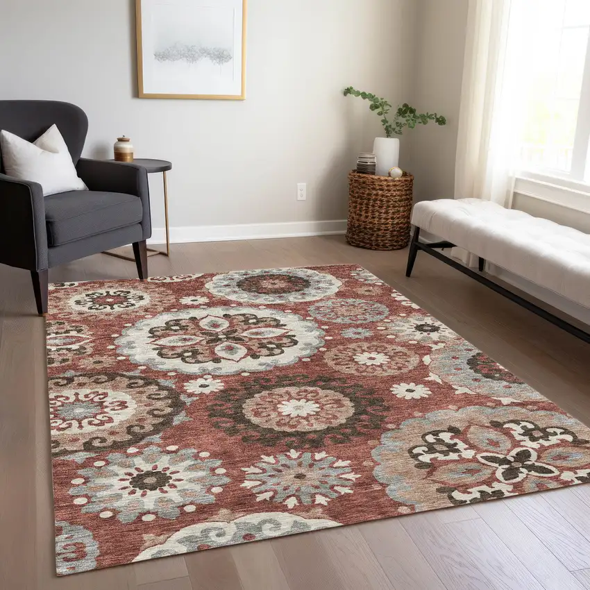 Orange Taupe And Gray Floral Medallion Washable Indoor Outdoor Area Rug Photo 9