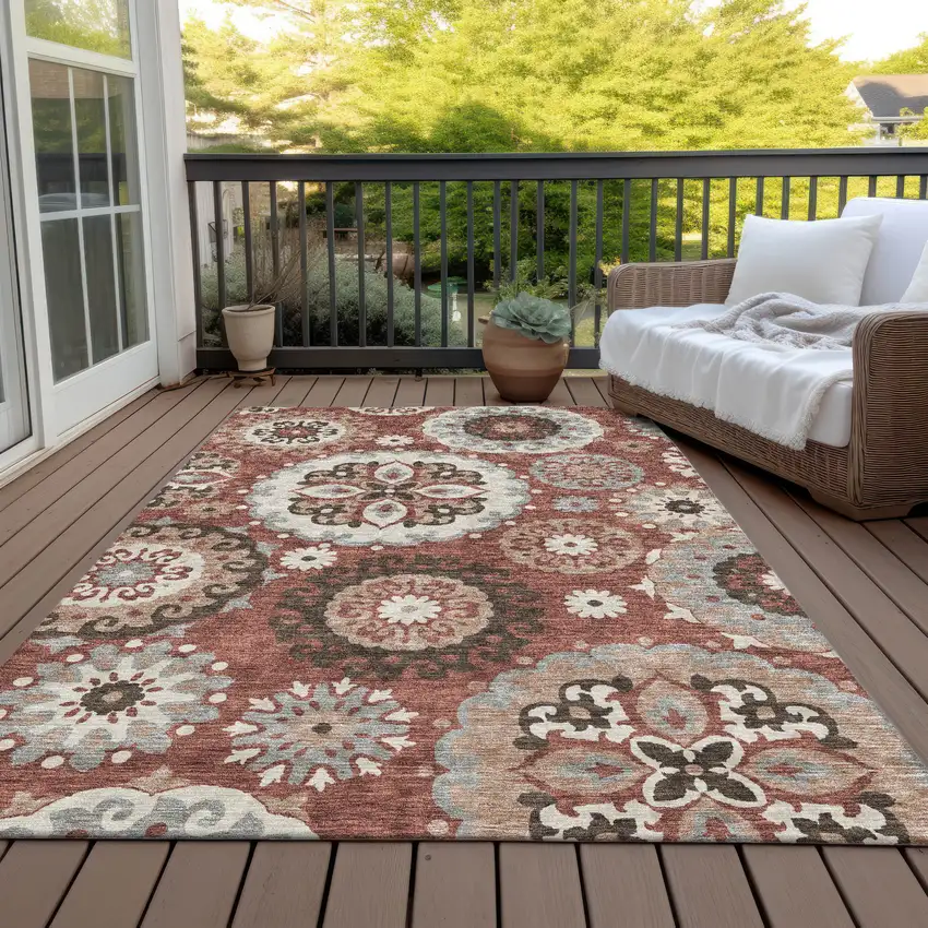Orange Taupe And Gray Floral Medallion Washable Indoor Outdoor Area Rug Photo 7