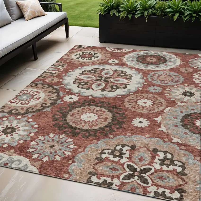 Orange Taupe And Gray Floral Medallion Washable Indoor Outdoor Area Rug Photo 1
