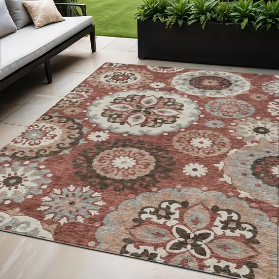 Orange Taupe And Gray Floral Medallion Washable Indoor Outdoor Area Rug Photo 1