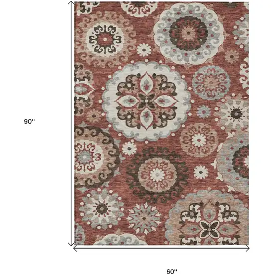Orange Taupe And Gray Floral Medallion Washable Indoor Outdoor Area Rug Photo 3