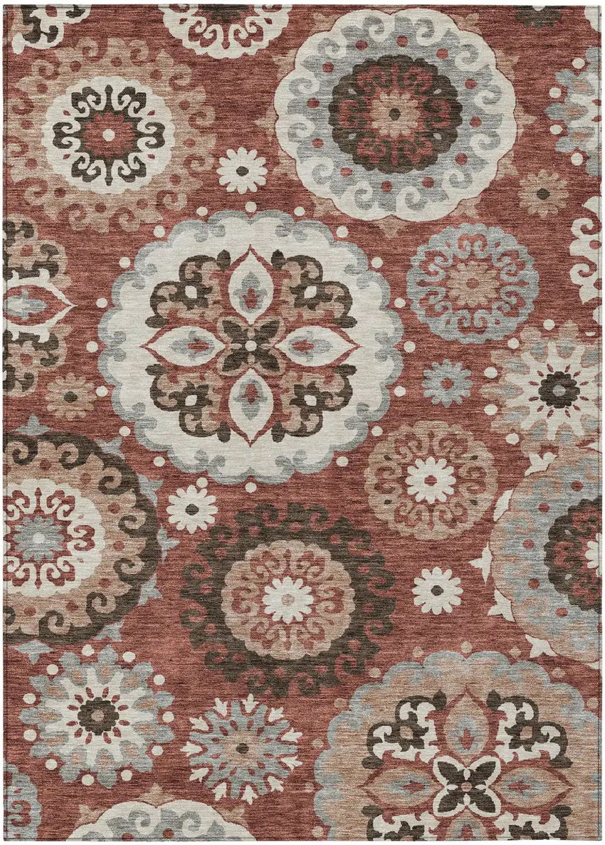 Orange Taupe And Gray Floral Medallion Washable Indoor Outdoor Area Rug Photo 1