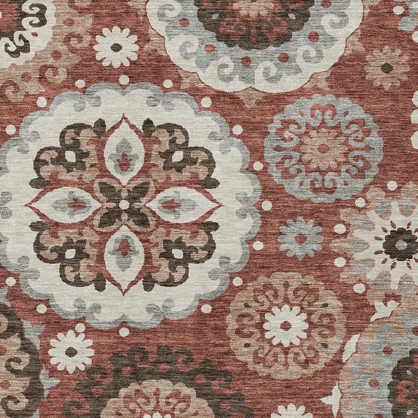 Orange Taupe And Gray Floral Medallion Washable Indoor Outdoor Area Rug Photo 4