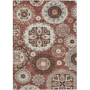 Photo of Orange Taupe And Gray Floral Medallion Washable Indoor Outdoor Area Rug