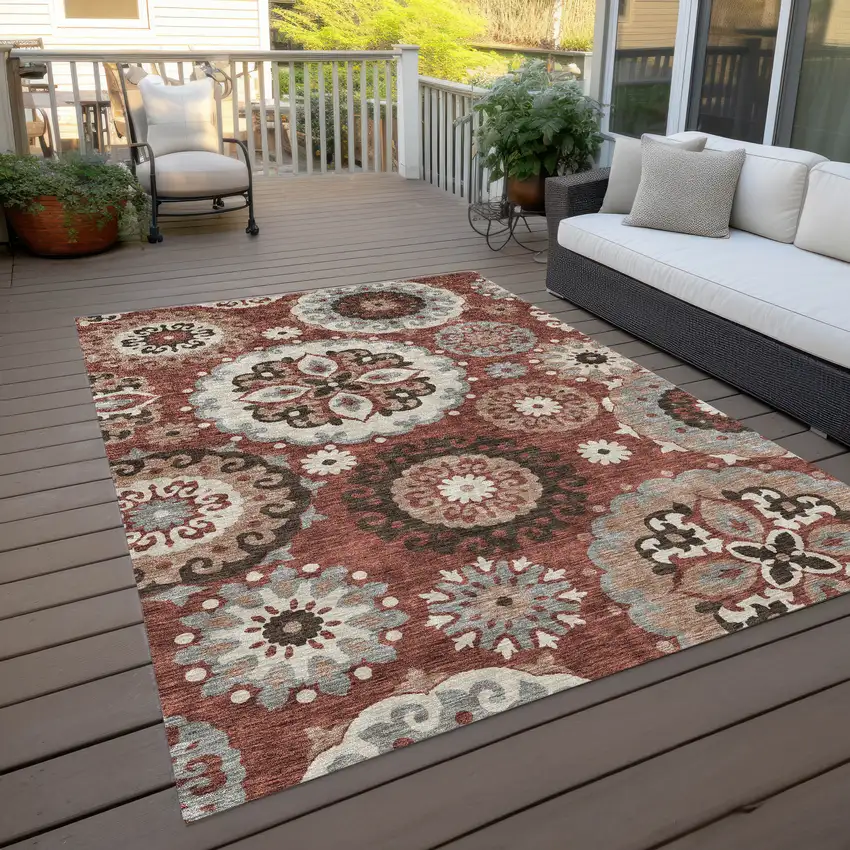 Orange Taupe And Gray Floral Medallion Washable Indoor Outdoor Area Rug Photo 9