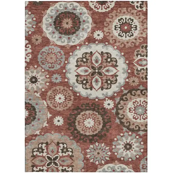 Orange Taupe And Gray Floral Medallion Washable Indoor Outdoor Area Rug Photo 5