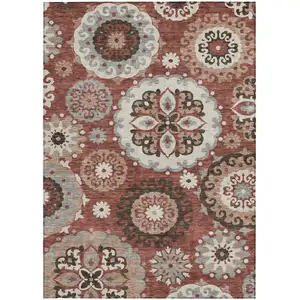 Photo of Orange Taupe And Gray Floral Medallion Washable Indoor Outdoor Area Rug