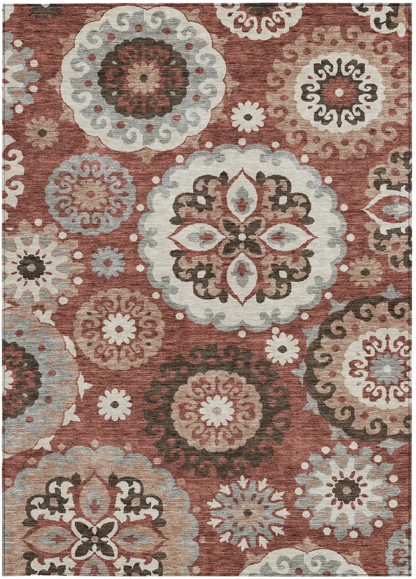 Orange Taupe And Gray Floral Medallion Washable Indoor Outdoor Area Rug Photo 5