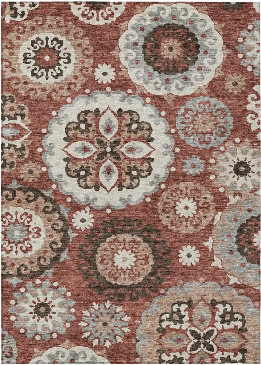 Orange Taupe And Gray Floral Medallion Washable Indoor Outdoor Area Rug Photo 1