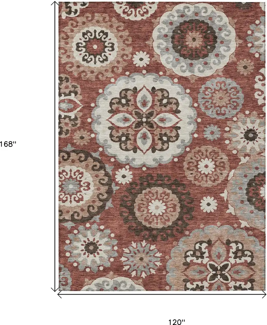 Orange Taupe And Gray Floral Medallion Washable Indoor Outdoor Area Rug Photo 3