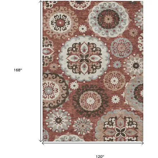 Orange Taupe And Gray Floral Medallion Washable Indoor Outdoor Area Rug Photo 3