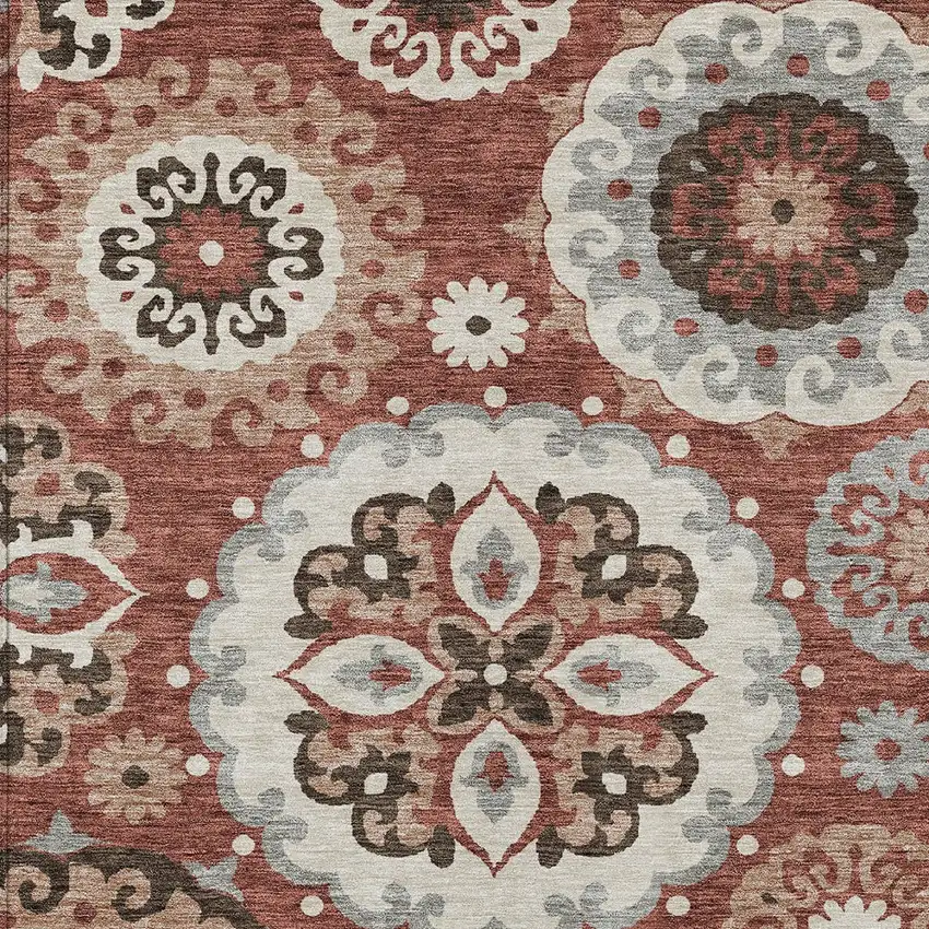 Orange Taupe And Gray Floral Medallion Washable Indoor Outdoor Area Rug Photo 6