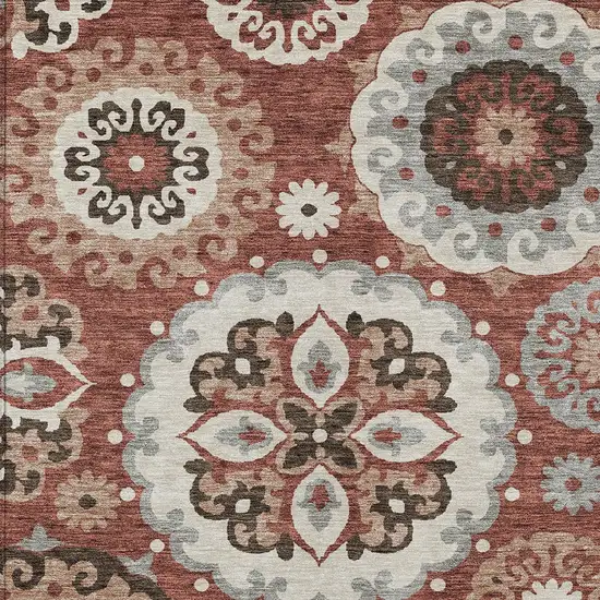 Orange Taupe And Gray Floral Medallion Washable Indoor Outdoor Area Rug Photo 6