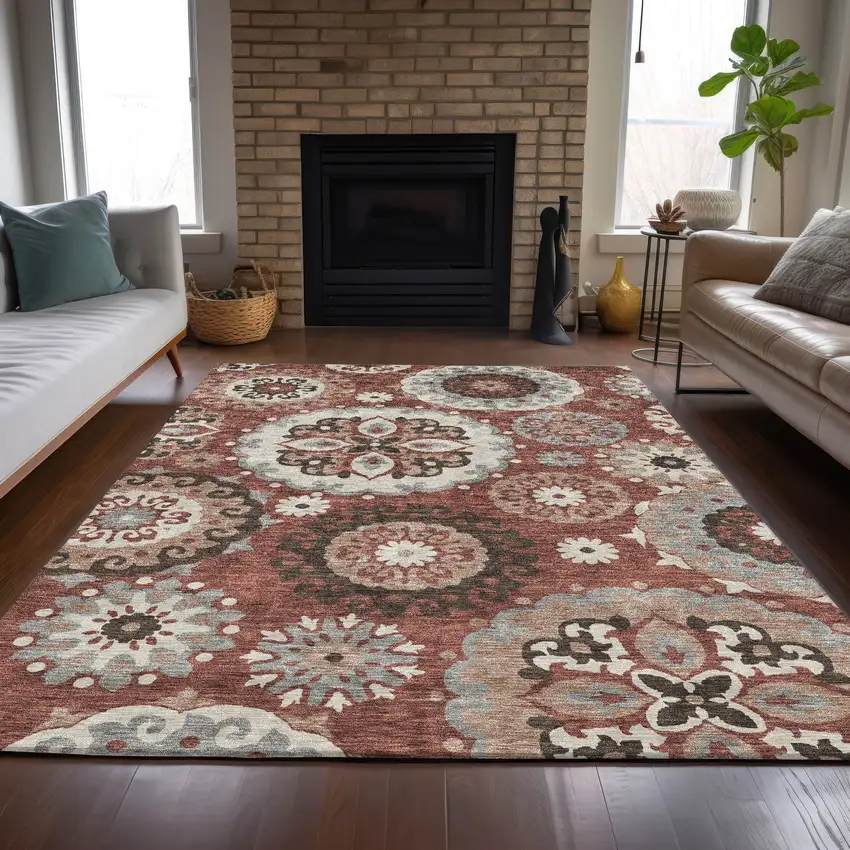 Orange Taupe And Gray Floral Medallion Washable Indoor Outdoor Area Rug Photo 8