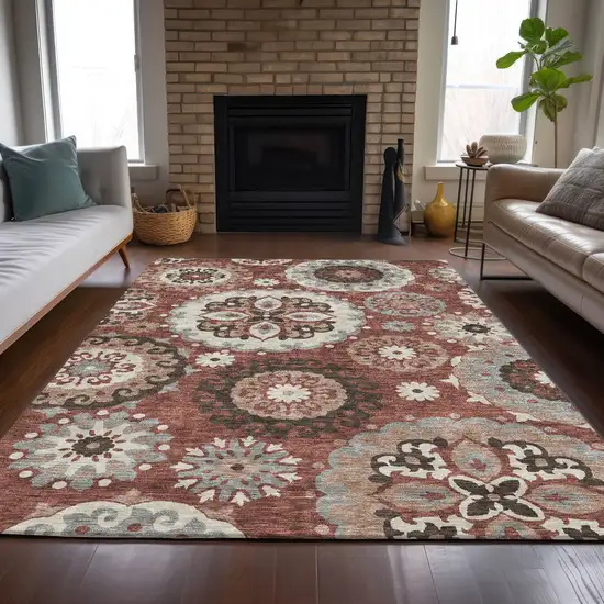 Orange Taupe And Gray Floral Medallion Washable Indoor Outdoor Area Rug Photo 8