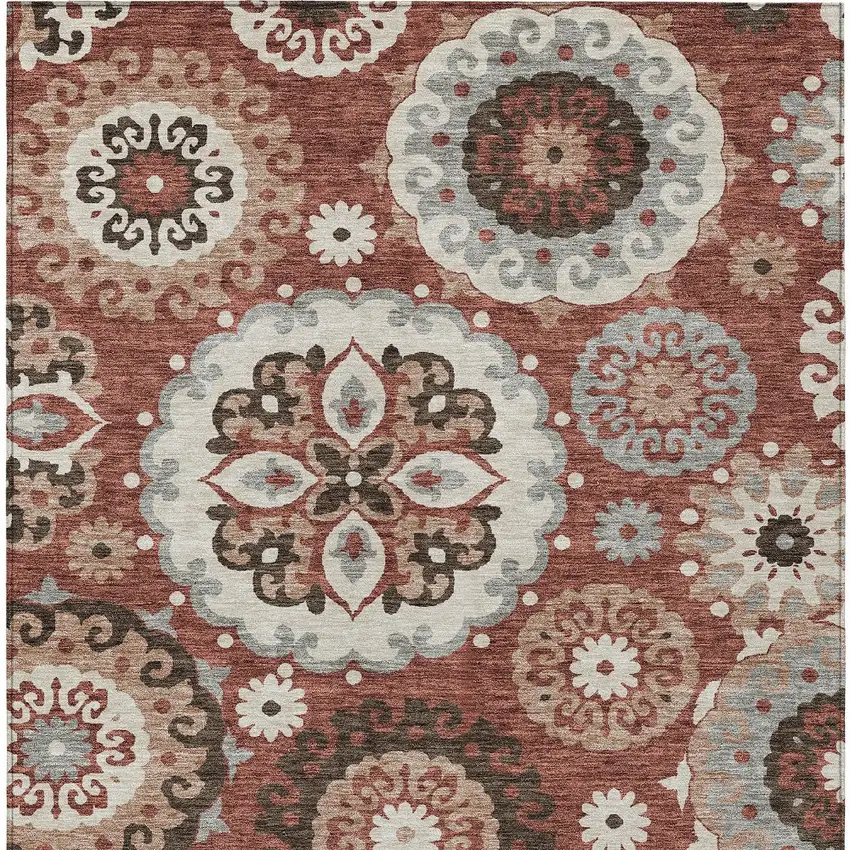 Orange Taupe And Gray Floral Medallion Washable Indoor Outdoor Area Rug Photo 6