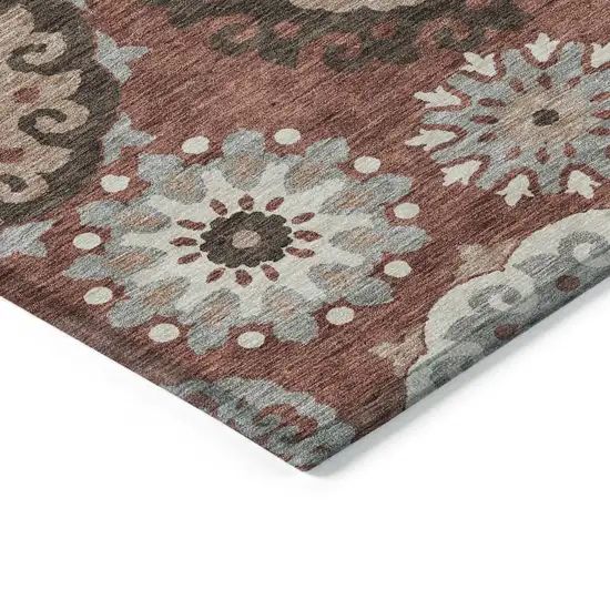 Orange Taupe And Gray Floral Medallion Washable Indoor Outdoor Area Rug Photo 3