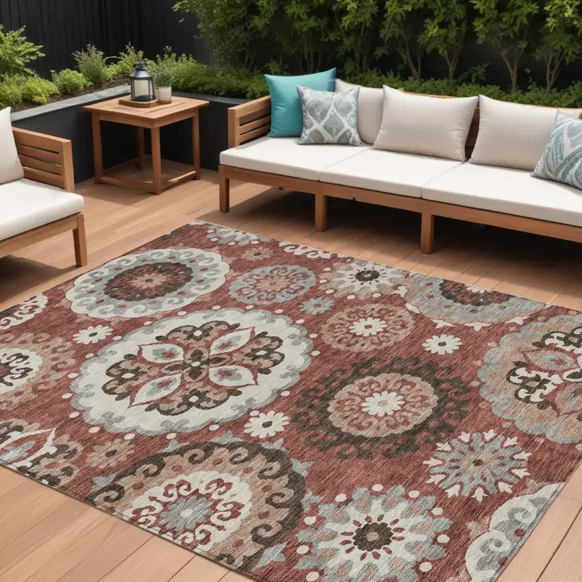 Orange Taupe And Gray Floral Medallion Washable Indoor Outdoor Area Rug Photo 1