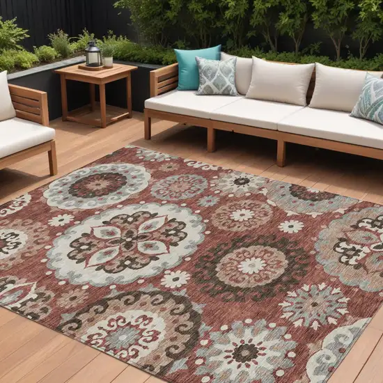 Orange Taupe And Gray Floral Medallion Washable Indoor Outdoor Area Rug Photo 1
