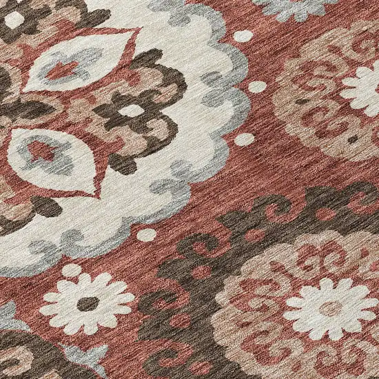 Orange Taupe And Gray Floral Medallion Washable Indoor Outdoor Area Rug Photo 5