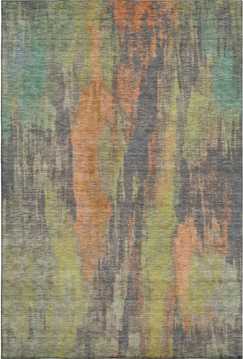 Orange Teal And Gold Abstract Washable Area Rug With UV Protection Photo 3