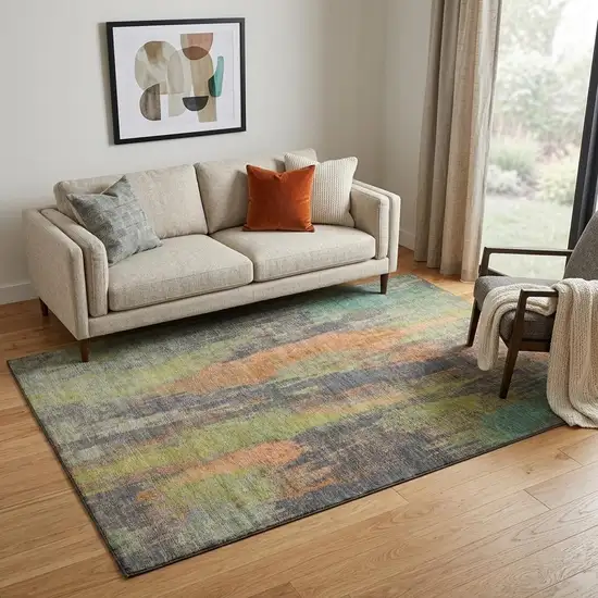 Orange Teal And Gold Abstract Washable Area Rug With UV Protection Photo 1