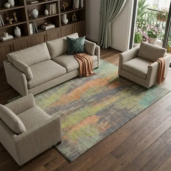 Orange Teal And Gold Abstract Washable Area Rug With UV Protection Photo 1