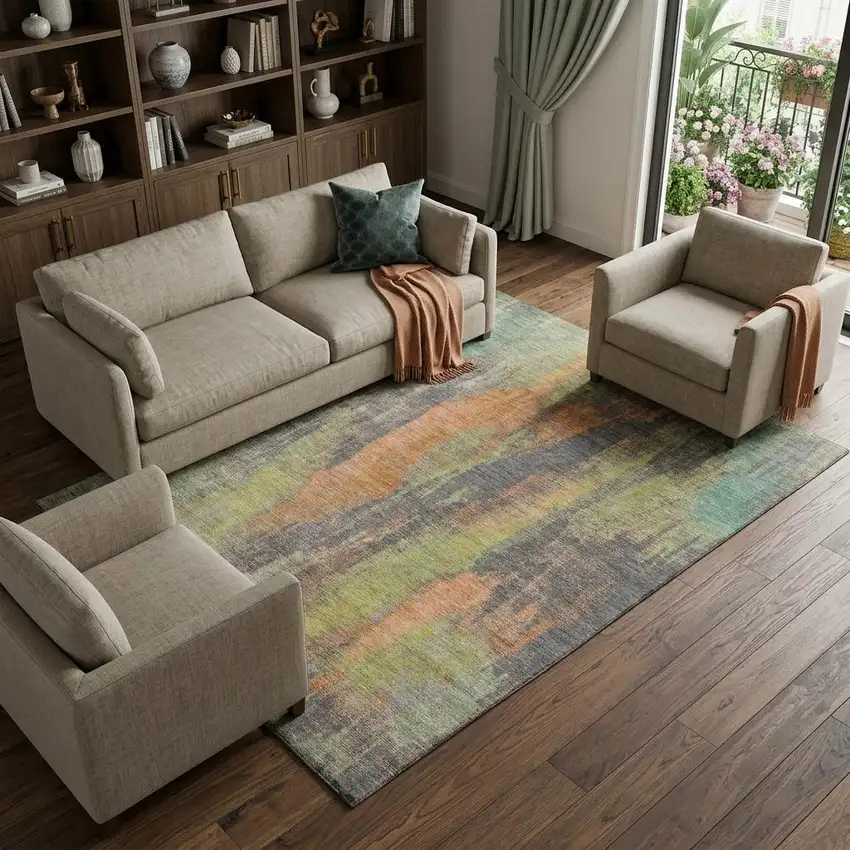 Orange Teal And Gold Abstract Washable Area Rug With UV Protection Photo 1