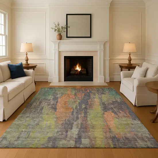 Orange Teal And Gold Abstract Washable Area Rug With UV Protection Photo 2