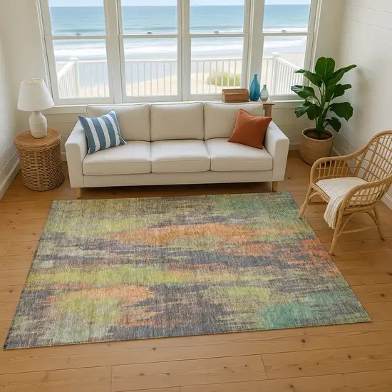 Orange Teal And Gold Abstract Washable Area Rug With UV Protection Photo 1