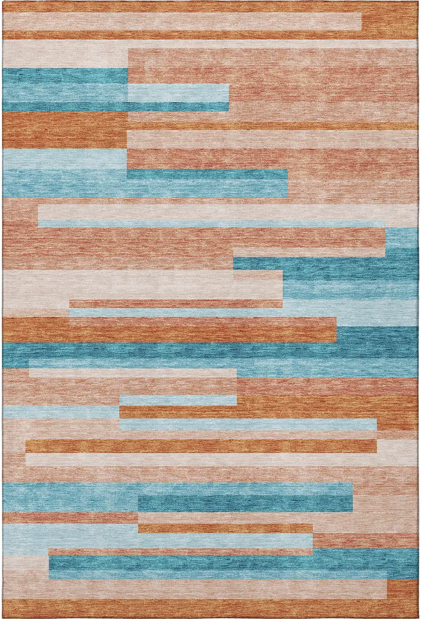 Orange Teal And Peach Striped Washable Area Rug With UV Protection Photo 3
