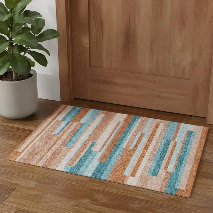 Orange Teal And Peach Striped Washable Area Rug With UV Protection Photo 1