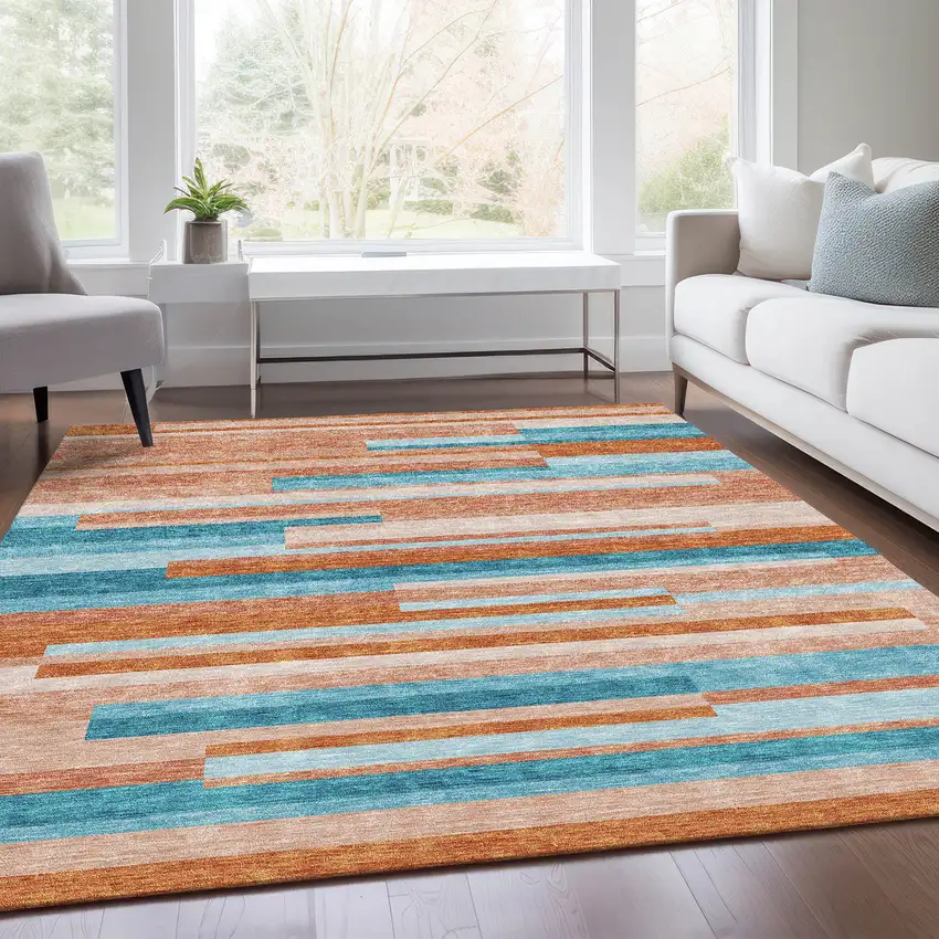 Orange Teal And Peach Striped Washable Area Rug With UV Protection Photo 5