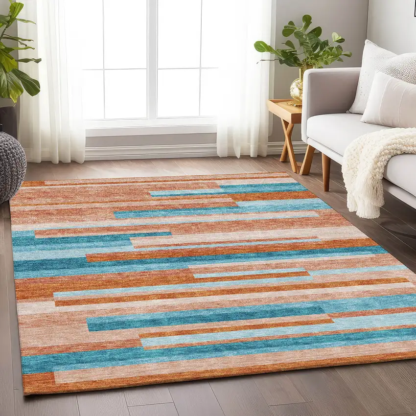 Orange Teal And Peach Striped Washable Area Rug With UV Protection Photo 4