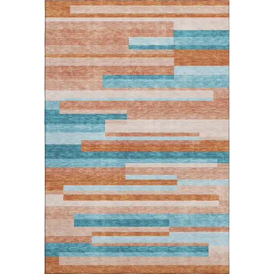 Orange Teal And Peach Striped Washable Area Rug With UV Protection Photo 1