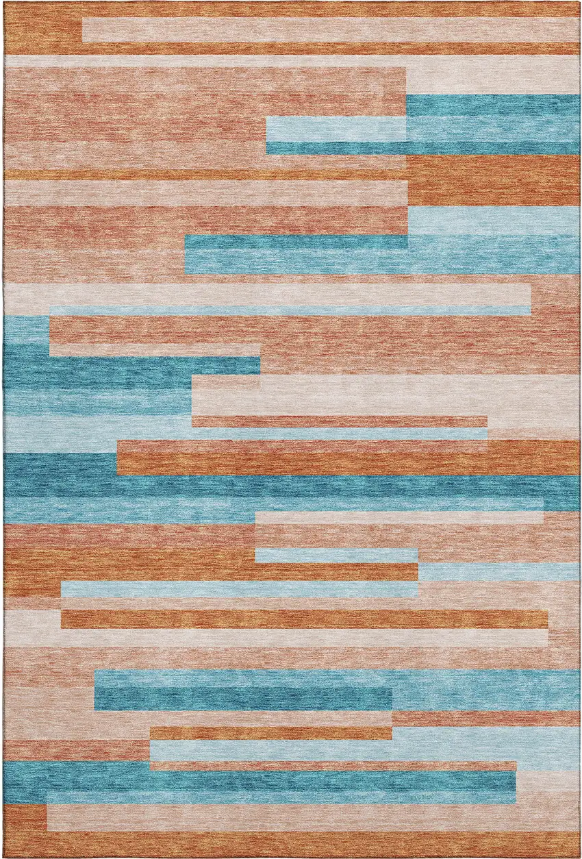 Orange Teal And Peach Striped Washable Area Rug With UV Protection Photo 1