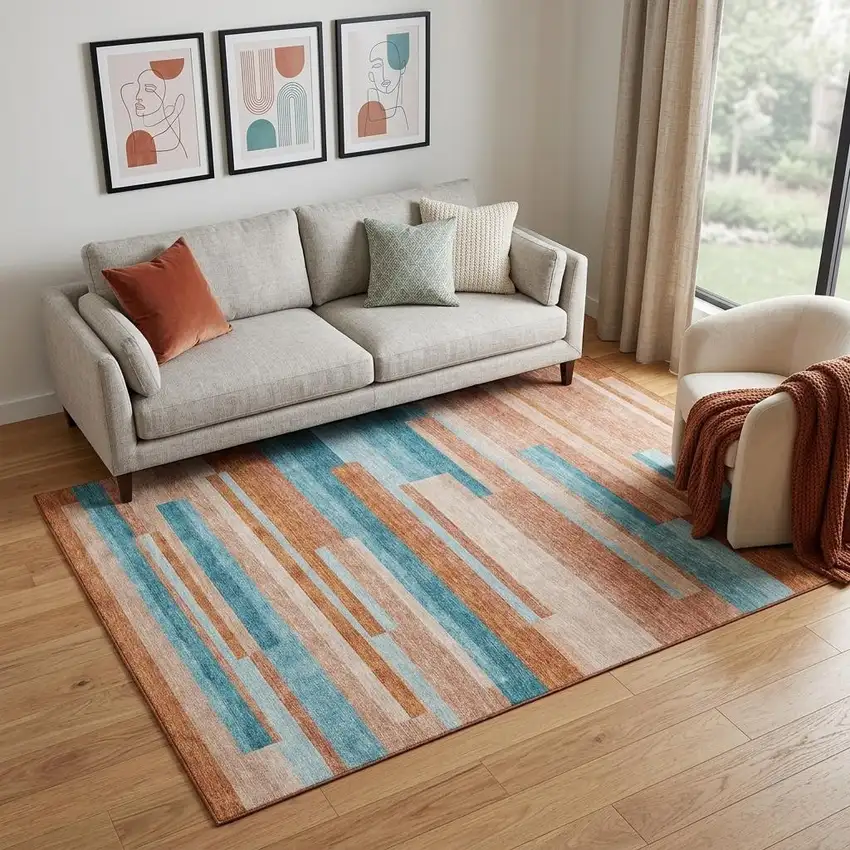 Orange Teal And Peach Striped Washable Area Rug With UV Protection Photo 1